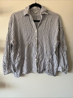Max Studio|Striped Coastal Linen OS Cotton Button-Up Shirt|Blue/White|Small|EUC